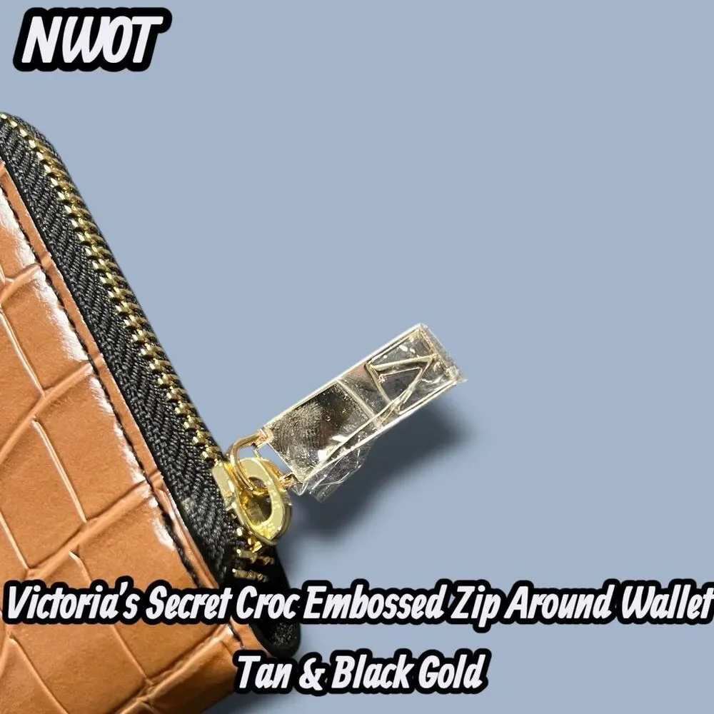 NWOT Victoria’s Secret Croc Embossed Colorblock Zip Around Wallet Tan & Black Go - Picture 4 of 5
